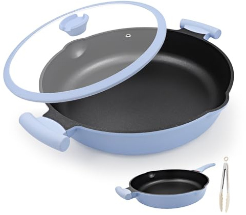 Nonstick Large Frying Pan with Lid, 32cm Skillet Pan for Cooking-Blue | 2-1 Non Stick Cookware with Helper Handle, Suitable for All Stoves, PFOA-Free