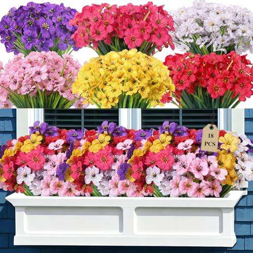 KALUZUZU 18 Bundles Artificial Flowers for garden,UV Resistant Fake Flowers,No Fade Silk Flowers with Decorative Faux Plastic Plants for Porch Window Box Hanging Baskets(Multicoloured)