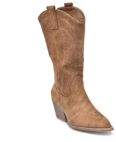 OZABI Stivali Santiag da donna alto tomaia in camoscio con tacco a blocco, 6 cm, punta a punta, H191 Caramello, 38 EU