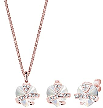 Elli Schmuckset Damen Herz mit Kristallen weiß in 925 Sterling Silber Rosé vergoldet
