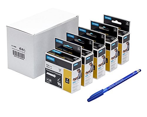 5 x Dymo 18482 Rhino Industrie Polyester Etiketten, selbstklebend, 9 mm x 3,5 Schwarz auf Wei + Papermate Kugelschreiber Geschenk