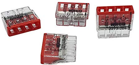 Wago 2273-204 - Morsetti di collegamento compatti, Ø 0,5 – 2,5 mm², 4 pin, colore: Trasparente/Rosso