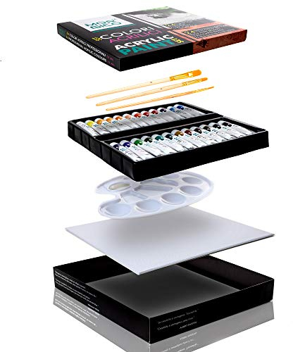 Set Professionali di Colori Acrilici per Dipingere su Tela - 24 Tubi di Vernice Acrilico, 3 Penneli, 1 Tele, 1 Tavolozza per Dipingere - Colore per Tessuti, Ceramica Senza Cottura, Legno, Vetro, Gesso