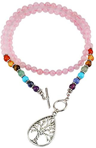 mookaitedecor Quartz Rose Collier Perles Pierres Chakra Guérison Protection Pendentif Arbre de Vie pour Femme Homme