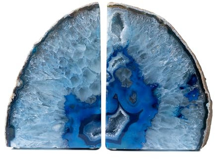 Nature's Decorations,Luxus Achat Buchstützen, rutschfeste Buchstopper, Achat Dekor Kristall Buchstützen für Zuhause oder Büro, Buchstützen aus poliertem Stein, 2 Stück, ca. 3.2-4.1 kg, blau