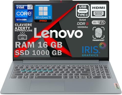 Lenovo Ordinateur Portable Professionnel Intel Core i7 13ᵉ Gén, RAM 16Go DDR5, SSD 1To, Écran 15.6 FHD Antireflet, WiFi 6E, Copilot IA, Clavier AZERTY Rétroéclairé, Empreinte Digitale, Win 11 Pro