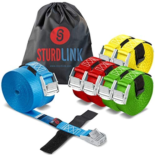 Sangles d'Arrimage avec Boucle à Came 25mm 250daN x8 + Scratch + Sac | 2x2m 2x3m 2x4m 2x5m | Fixation Attache Serrage sur Porte Vélo, Galerie et Barre de Toit Voiture, Déménagement, Diable | Sturdlink