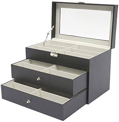 Berkalash Sonnenbrillen Brillen Vitrine, Brillenbox zur Aufbewahrung von 18 Brillen, Schwarze Diagonale Streifen Dreischichtige Design Aufbewahrungsbox, Kohlefaser Kunstleder Materialien