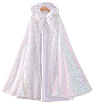 Proumhang Mädchen Kapuzenmantel Zwei Lagen Cape Glitzernde Pailletten Mantel Kinder Mädchen Halloween Weihnachten Karneval Kindertag Prinzessin Geburtstag Party Cosplay Kostüm Weiß L