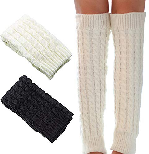 Cyleibe 2 Pairs Leg Warmer for Women, Cable Ankle Warmers, Boots Cuff Warmer Knitted Stretch Knee Socks for Winter - Black/White