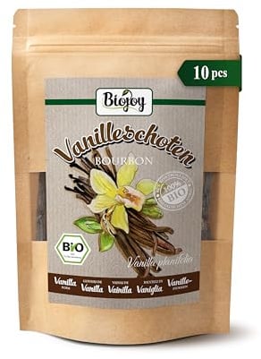 Biojoy BIO echte Bourbon Vanilleschoten aus Madagaskar, ganz, 10 Stück | Vanilleschote ca. 13–15 cm lang, getrocknet, Vanilla planifolia L.
