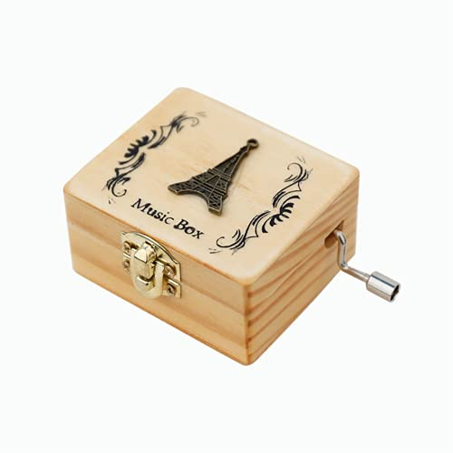 ZoTuoART Spieluhr aus Holz, Schloss, im Himmel oder andere zufällige Musik, japanischer Stil, einfache elegante Tierspieluhr mit Spiegel, Holz-Metall-Spieluhr Eiffelturm