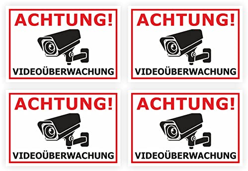 Videoüberwachung Aufkleber - Weiß - 75 x 50 mm - 4 Stück - Premium Sticker mit Schutzlaminat - Kameraüberwachung - Einbruchschutz