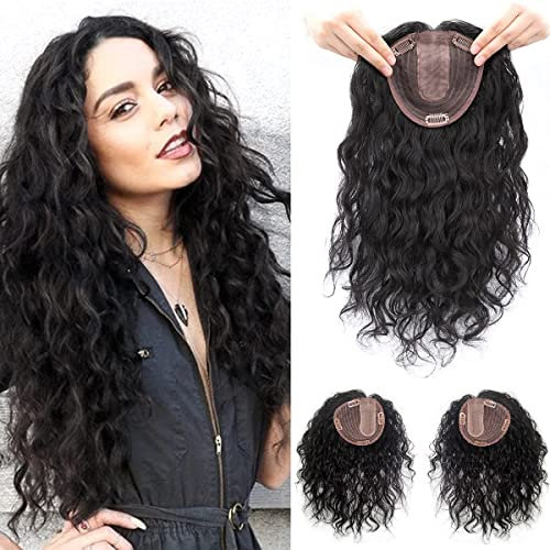 EREE HAIR 35,6 cm flauschige, gelockte Haarspitze für Damen, 12,7 x 14 cm, U-förmige Seidenbasis, Echthaar-Topper, Clip-in-Haarverlängerung, gewelltes Haar, Ersatzteil, linker Teil, Schwarz