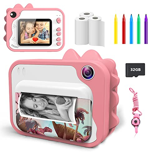 Ukuu KinderKamera DigitalKamera 2,4 Zoll 1080P Sofortbildkamera mit 3 Rollen Druckpapier und 5 Farben Pinselstift Geschenk für Kinder Bildschirm Videokamera Schwarzweiß Fotokamera mit 32GB SD Karte