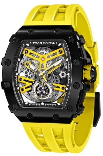 TSAR BOMBA Luxus Herren Automatik Mechanische Uhr Kohlefaser/Gehäuse aus Keramik/Fluorkautschuk/Tonneau-Uhr/Leuchtend/Elegante Geschenke für Männer
