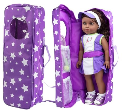 Dress Along Dolly 18 Doll Storage Carrying Case - (Purple Star) Compatible with American Girl- Durable Organizer Storage Traveling Accessories Case w Clear Window, Zipper, and Carrying Strap