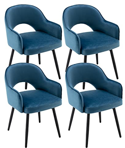 chairus Juego de 4 Sillas de Comedor Terciopelo Sillas de Cocina Giratoria con Patas Negras, Sillas de Hogar Modernas con Respaldo Hueco para Restaurante/Cafetería, Azul