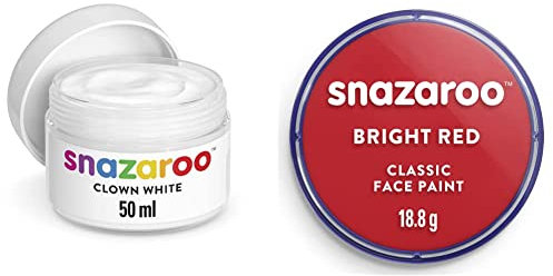 Snazaroo - Pintura Facial Clown, 50 ml, Color Blanco + Pintura Facial Y Corporal, 18 ml, Rojo Brillante, profesional a base de agua, pastilla de aquacolor individual para adultos