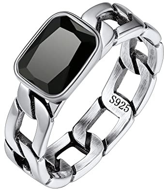 Silvora Damen Herren Cuban Link Fingerring 5mm breit 925 Silber Panzerkette Bandring mit Schwarz Zirkonia für Freundschaftsring Partnerring Verlobungsring Ringgröße 52 (16.5)