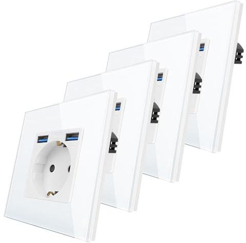 CNBINGO Lot de 4 prises en verre avec ports USB (maximum 2,1 A) – Prise simple encastrée en blanc – Contact de protection Schuko avec cadre en verre