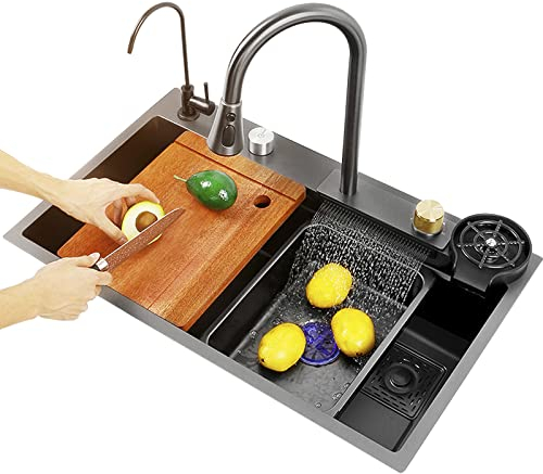 CALISTOUK Fregaderos Cocina de cascada Raindance de acero inoxidable con grifo extraíble, Lavadora automática de tazas, negro (75*46cm)