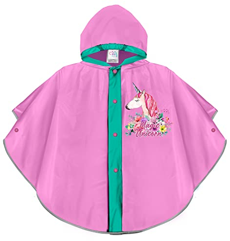 PERLETTI Poncho Pluie Enfant avec Licorne Blanc Rose - Cape de Pluie Impérmeable Protection Neige Vent Détails Réfléchissants - Veste Manteau avec Capuche Boutons Fille - Cool Kids (Lilas, 3-6 Ans)
