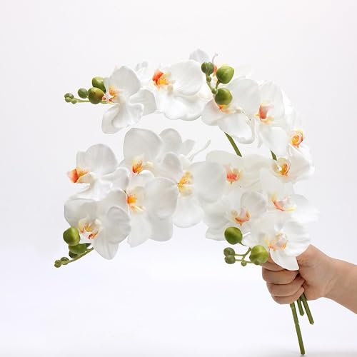 CURTEK Künstliche Blumen, fühlen sich echt an, Latex, Phalaenopsis, 45 cm, künstliche Orchideenstiele, Blumensträuße für Hochzeit, Party, Zuhause, Garten, Dekoration, Weiß, 4 Stück