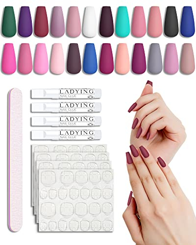 LADYING 24 Packs (576 PCS) Matt Sarg Nägel Zum Aufkleben Lang,Ballerina Press on Nails Kit,Hochwertig Kunstnägel Fake Nails mit Nagelfeile,Coffin Fingernägel Künstliche Nägel für Frauen