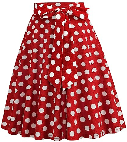 Damen 1950er Jahre Vintage Rock A Linie Faltenrock Hohe Taille Midirock Blumendruck Tellerrock Polka Dot Rockabilly Swing Rock mit G?rtel Knielang Partyrock Rot XL