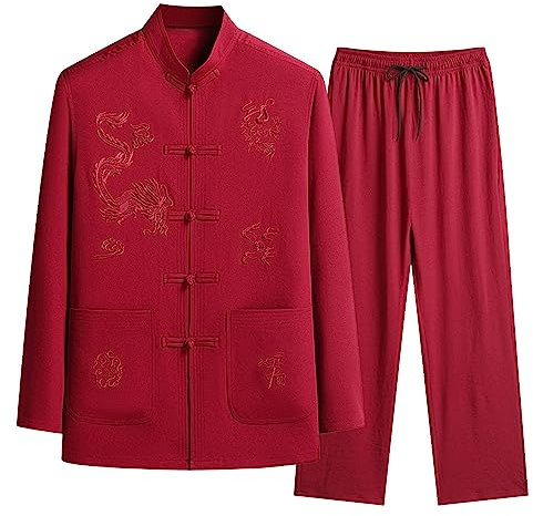 Darringls Ensemble de costumes Kung Fu pour homme - Costume chinois - Hanfu - Arts martiaux - Chemise - Pantalon traditionnel - Wing Chun Taichi - Uniforme Aznug, rouge, XL
