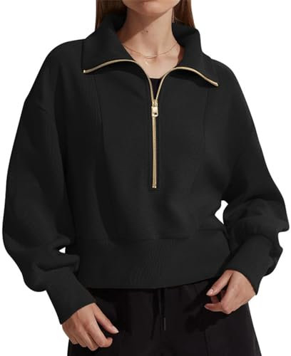 SotRong Half Zip Sweatshirt Women Long Sleeve Pullover with Balloon Sleeves Quarter Zip Stand Up Turtleneck Trendy Tops Teen Girls Fashion Spring Atumn Jumpers Black L