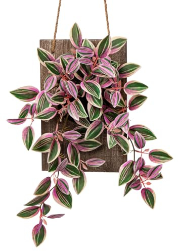 Briful Kunstpflanze Wie Echt Künstliche Tradeskantie Hängepflanze Dekopflanze mit Holzplatte, Höhe 84 cm, für Wand, Veranda, Café, Treppe, Garten Haus Dekoration
