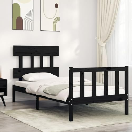 Camerina Massivholzbett mit Kopfteil Bettgestell Bed Frame Holzbett Kopfteil Bett Schlafzimmer Bett Massivholzbetten Schwarz 3193300