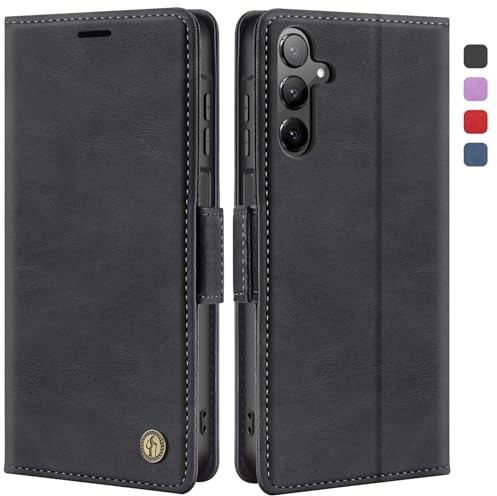 ivencase Handyhülle Kompatibel mit Samsung Galaxy A15 5G Hülle mit Schutzfolie, Premium Leder Brieftasche [Klappbar Ständer Kartenfach] Wallet Schutzhülle Flip Case Tasche-Schwarz
