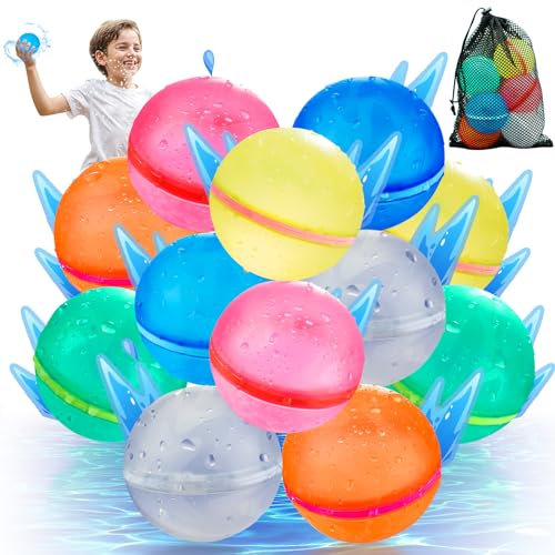 WABALLO Wiederverwendbare Wasserbomben, 12 Stück Wasserbomben mit Netztasche für Kinder ab 4, Einfaches und Schnelles Befüllen Wasserball für Pool, Strand, Garten Spielzeug