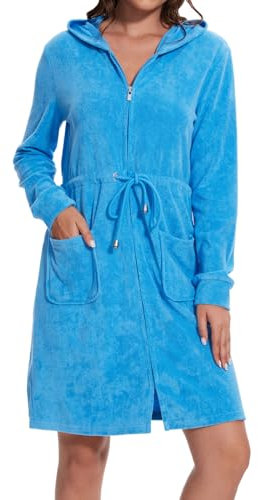 Mnamo Eleganter Damen Bademantel mit Kapuze und Reißverschluss aus Frottee Kurz und Leicht Türkis Gr.S