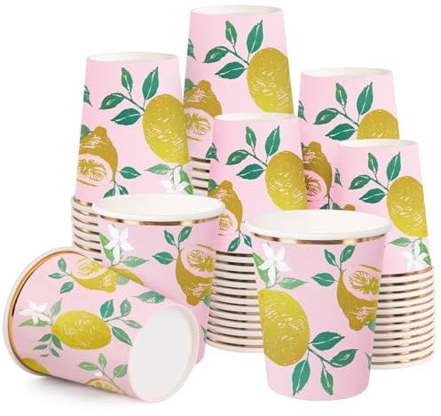 RUSPEPA 50 Pcs Lemon Paper Cups - 9 oz Summer Disposable Cups, Coffee Cups, Hot/Cold Beverage Drinking Cups for Water Juice, Perfect for Home, Office and Party Supplies
