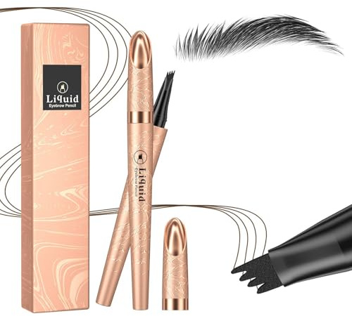 Eyebrow Pencil, Eyebrow Pen, Liquid Microblading Eyebrow Pen with 4 Micro-Fork Tip, Long-lasting Waterproof Smudgeproof Contouring Pen Creates Natural Looking Eyebrows (Black)