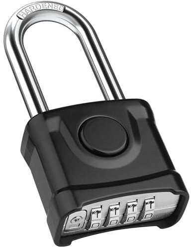 Diyife Candado Combinacion de 4 Dígitos, [Impermeable][Arco Largo]Diyife Candado con Combinación, Desbloqueo con un Clic, Grande Candado Seguridad Exterior para Portales Garaje Escolar Trasteros,Negro