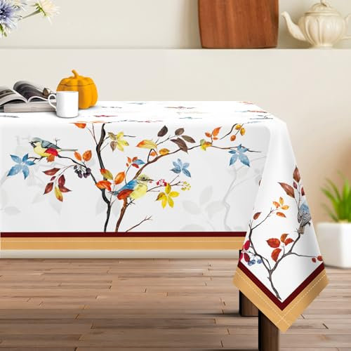 Arquiel Fall Leaf Birds Tablecloth Waterproof, Tree Branch Table Cloth Rectangle Stain Resistant, Washable Table Cover for Thanksgiving Kitchen Dining Party Decoration (152 * 304cm)