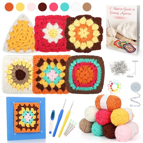 Reessy Kit per uncinetto per principianti adulti, kit per principianti all'uncinetto quadrato con filato in 8 colori, tappetino per blocco all'uncinetto e libro all'uncinetto, kit per principianti per