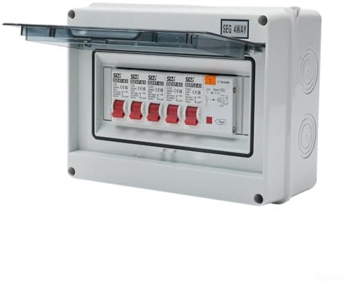 Zoegneer Tableau Électrique Platine Disjoncteur 4 voies pour garage, abri de jardin, boîte à fusibles avec RCD et 4 disjoncteurs MCB 63 A 2 x 6 A + 20 A + 32 A