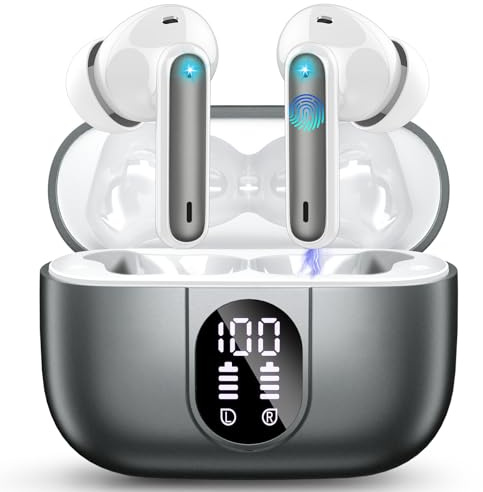 Csasan Auriculares Inalámbricos Bluetooth, Auriculares Bluetooth 5.3 Estéreo con 4 ENC Cancelacion Ruido Micró, 40H Control Táctil Cascos Inalambricos, IP7 Auriculares in Ear, Gris de Hierro