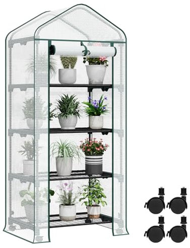 WOLTU Serra da Giardino, con Ruote, Serra da Balcone, 70x50x162 cm, Copertura in PE 140 g/m², Porta a Zip Avvolgibile, per Svernamento con 3/4 Ripiani, per Interni ed Esterni, Bianco
