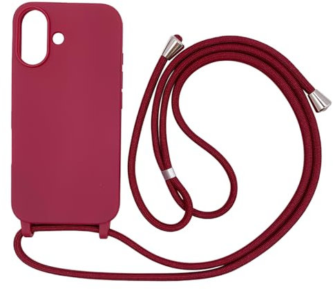 Ququcheng Coque Compatible avec iPhone 16(6.1),Collier pour Étui Colliers de cellulaire Corde Silicone avec Cordon Case TPU Bumper pour iPhone 16(6.1)-Rouge