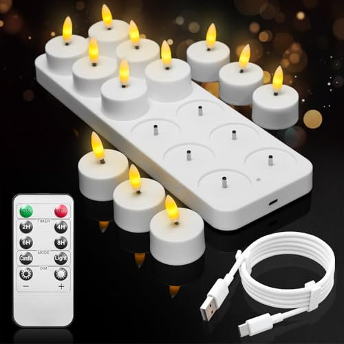 12er Aufladbare Teelichter mit Timerfunktion und Ladestation, LED Wiederaufladbar Kerzen Flackernd mit Fernbedienung Timer für Zimmer Valentinstag Halloween Weihnachten Tisch Party Deko