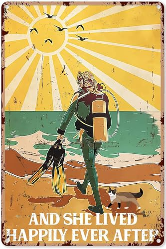 ACDOET Poster Surfing Decor for Girls Love Scuba Diving, And She Lives Happily Ever After, Vintage-Tauch-Poster, Surf-Dekorationen für Party, Metallschild, 30,5 x 40,6 cm