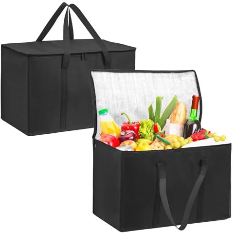 35L Food Cooler Bags for Travel, 2 Pack Insulated Food Bag, Reusable Insulated Grocery Bag with Reinforced Handle, Collapsible for Camping, Travel, BBQ (Black)