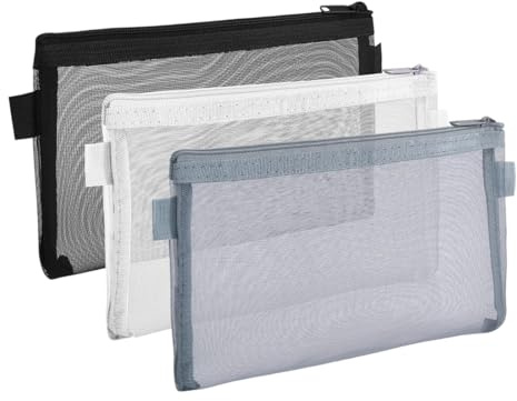 OUDQFCJ 3 Pezzi Astuccio Trasparente in Nylon Mesh con Cerniera, Portatile per Scuola, Ufficio, Cosmetici, Organizer per Oggetti (Trasparente)